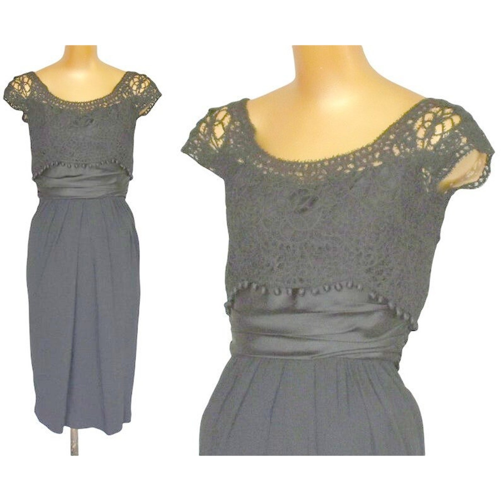 Vintage 50s Carlye Cocktail Dress, Black Lace Rayon Crepe Wiggle Dress, XXS 2XS