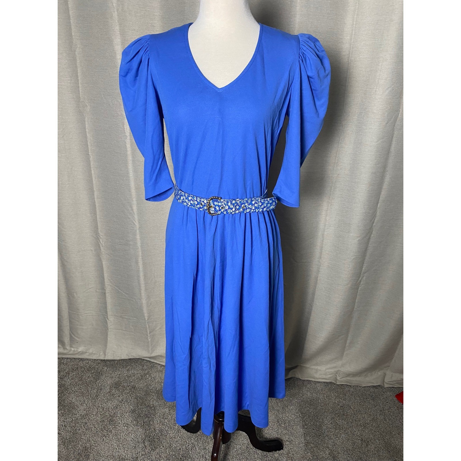 Vintage 70s Puff Sleeve Midi Dress Blue V-Neck A-Line Retro Disco Size 11