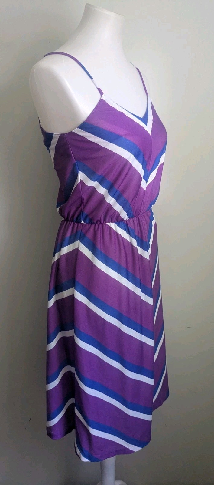 Vintage 70s Sun dress Strappy Mod Chevron Disco Knit Fit Flare XS Purple USA