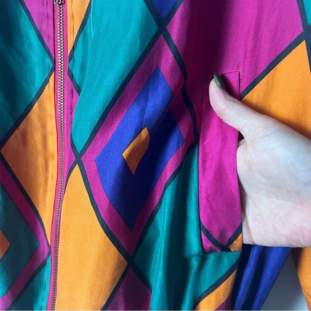 VTG 80s Carol Horn Silk Geometric Colorblock Bomber Jacket Pink Multi Sz M
