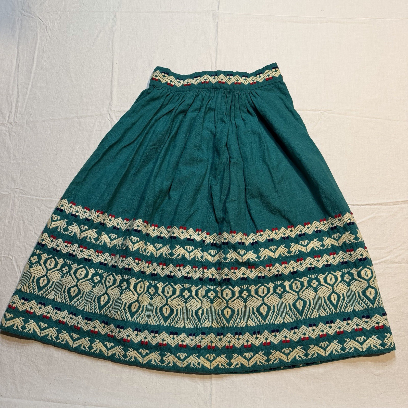 Guatemalan Handmade Woven Traditional Dirndl Skirt Size XS Green Red White Bird