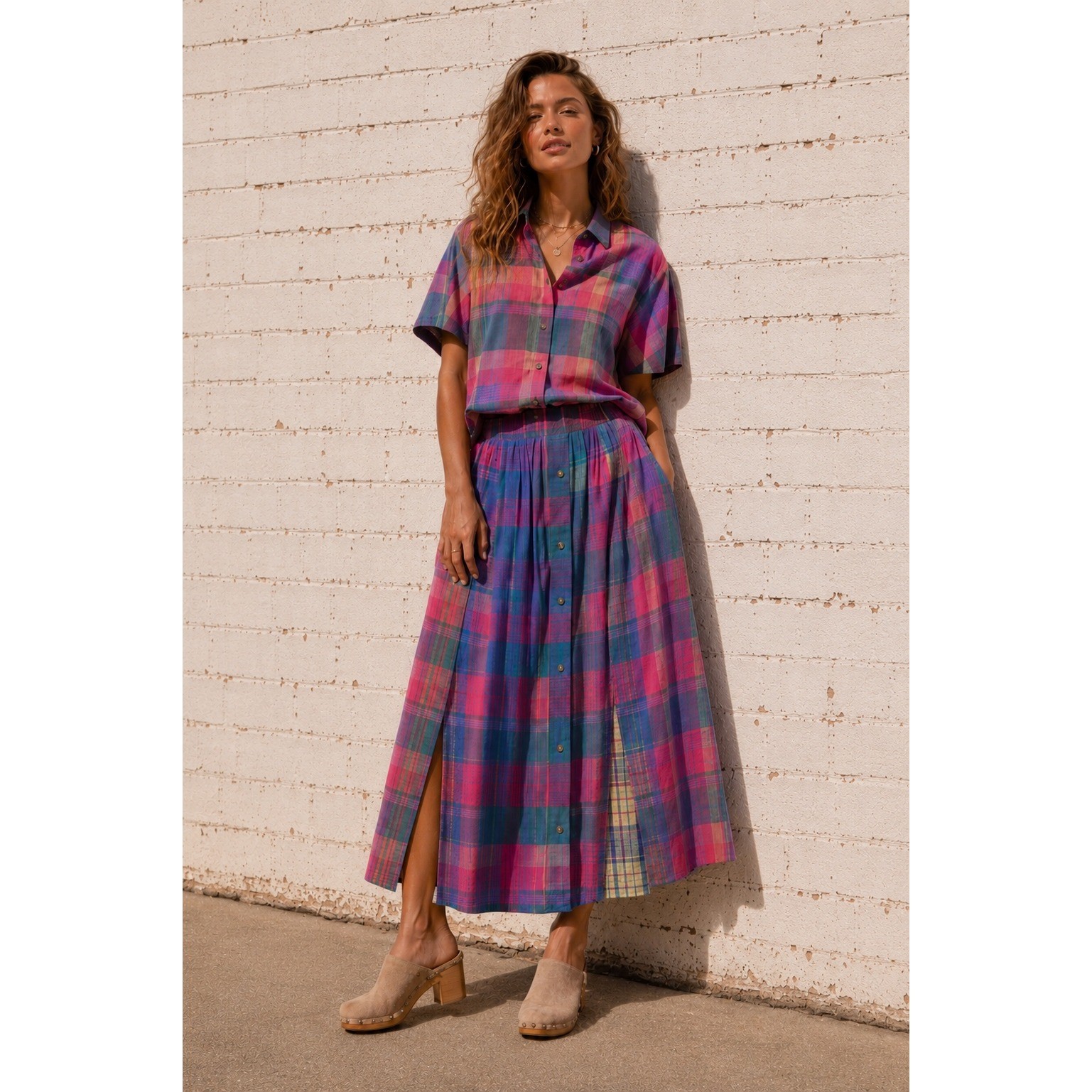Vintage David Brooks Plaid Two Piece Skirt Set Pink Purple Cotton Preppy 90s 14