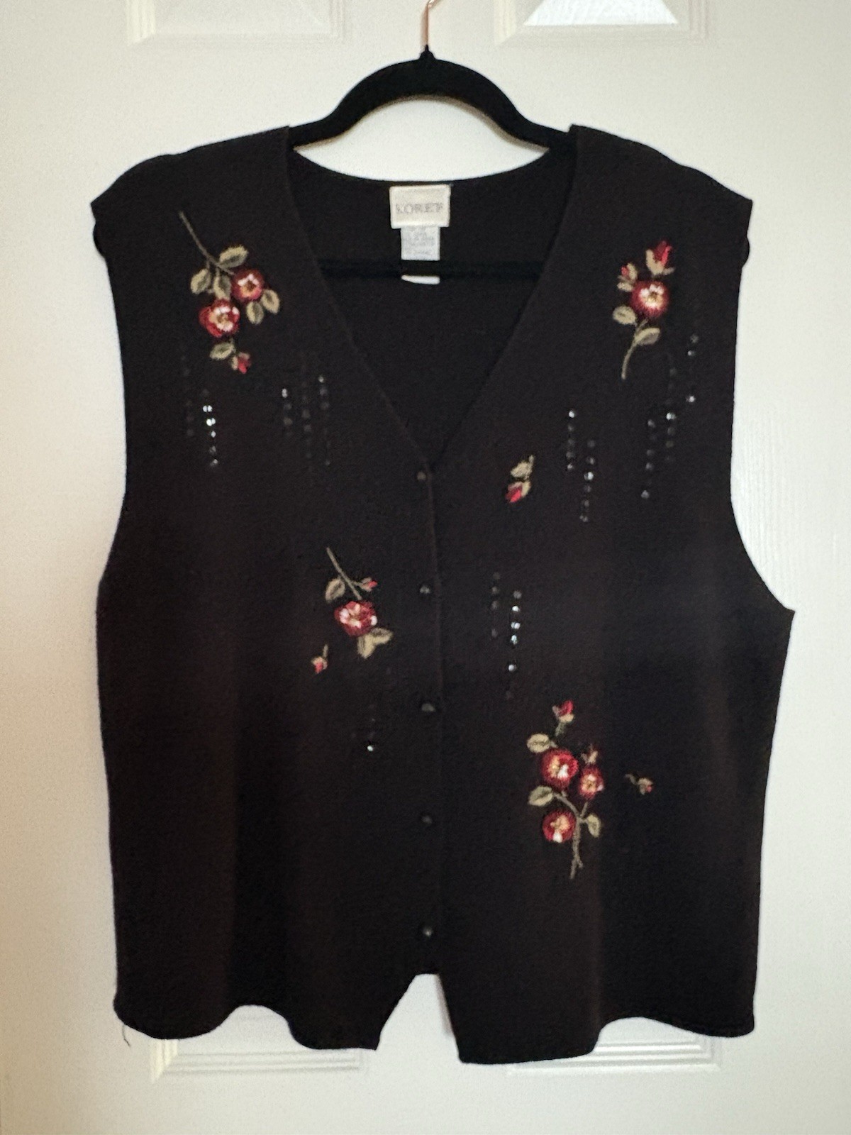 Vtg Koret Black Knit Sweater Vest Womens L Floral Embroidery Beaded Cottage Core