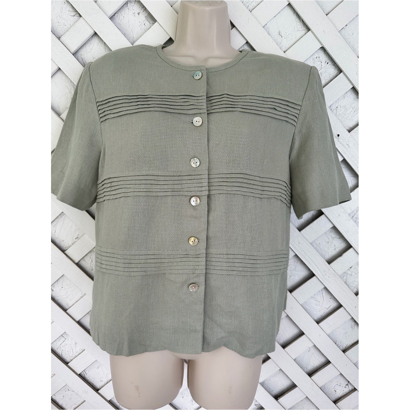 Cynthia Howie For Maggy Boutique Linen Blend Pleated Button Front Top Vtg sz 14