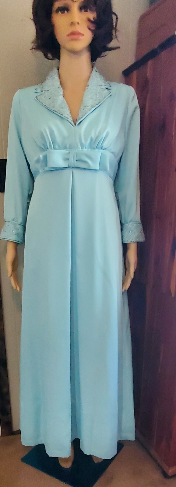 1970’s Vintage High Waist Sylvia Ann Evening Dress W/ Beaded Collar And Sleeves