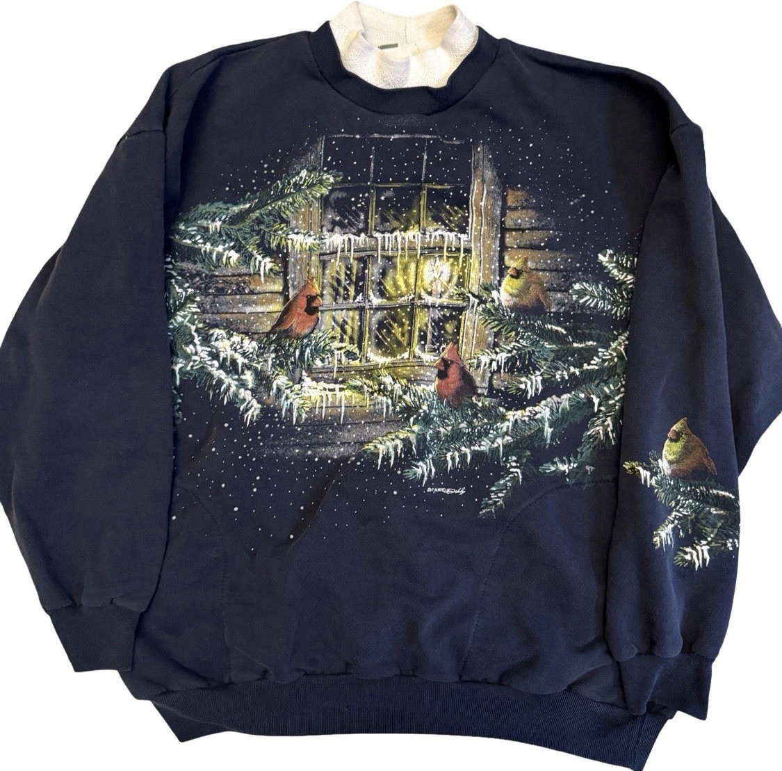 Vintage Art Unlimited Cardinal Sweatshirt XL Winter Cabin Scene Double Sided 90s