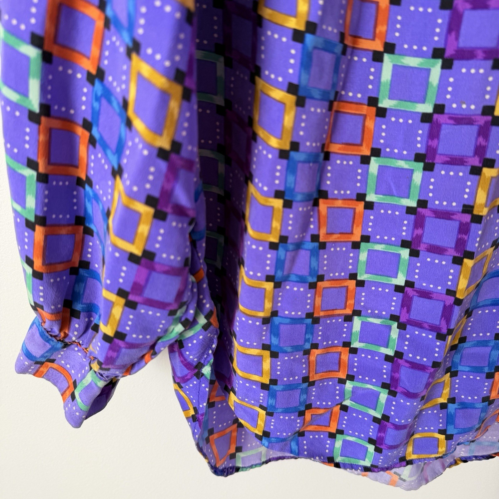 Vintage 90s Pure Silk Geometric Blouse Purple Memphis Art