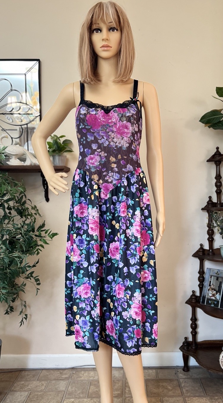 Vtg Feather Bed Intimates Slip Dress M Floral Nightgown Stretch Lace Ballerina