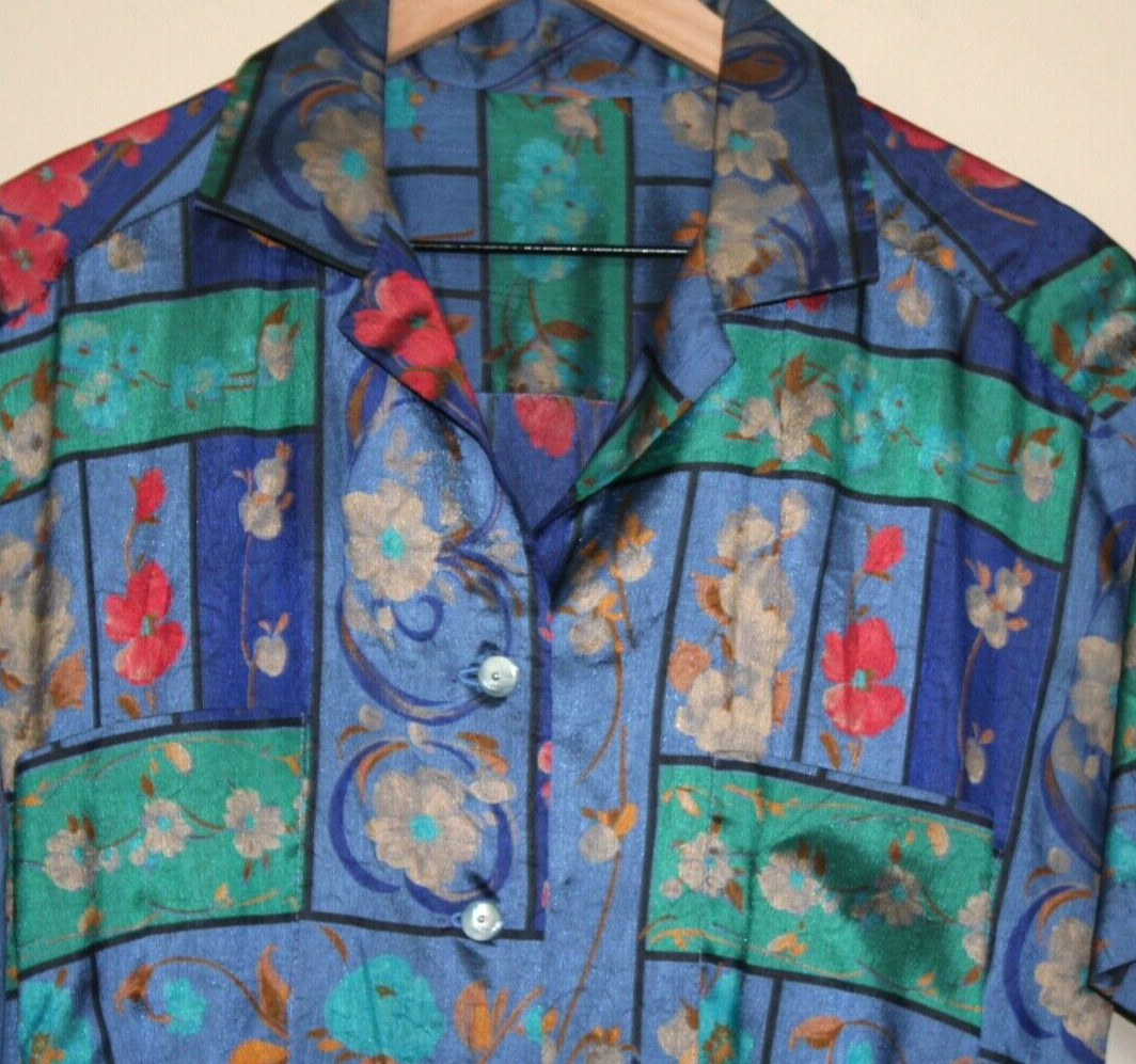 Vintage Dress Shirt 70s 80s Secretary Fit Flare Silky Print Medium 8 10 Grandma