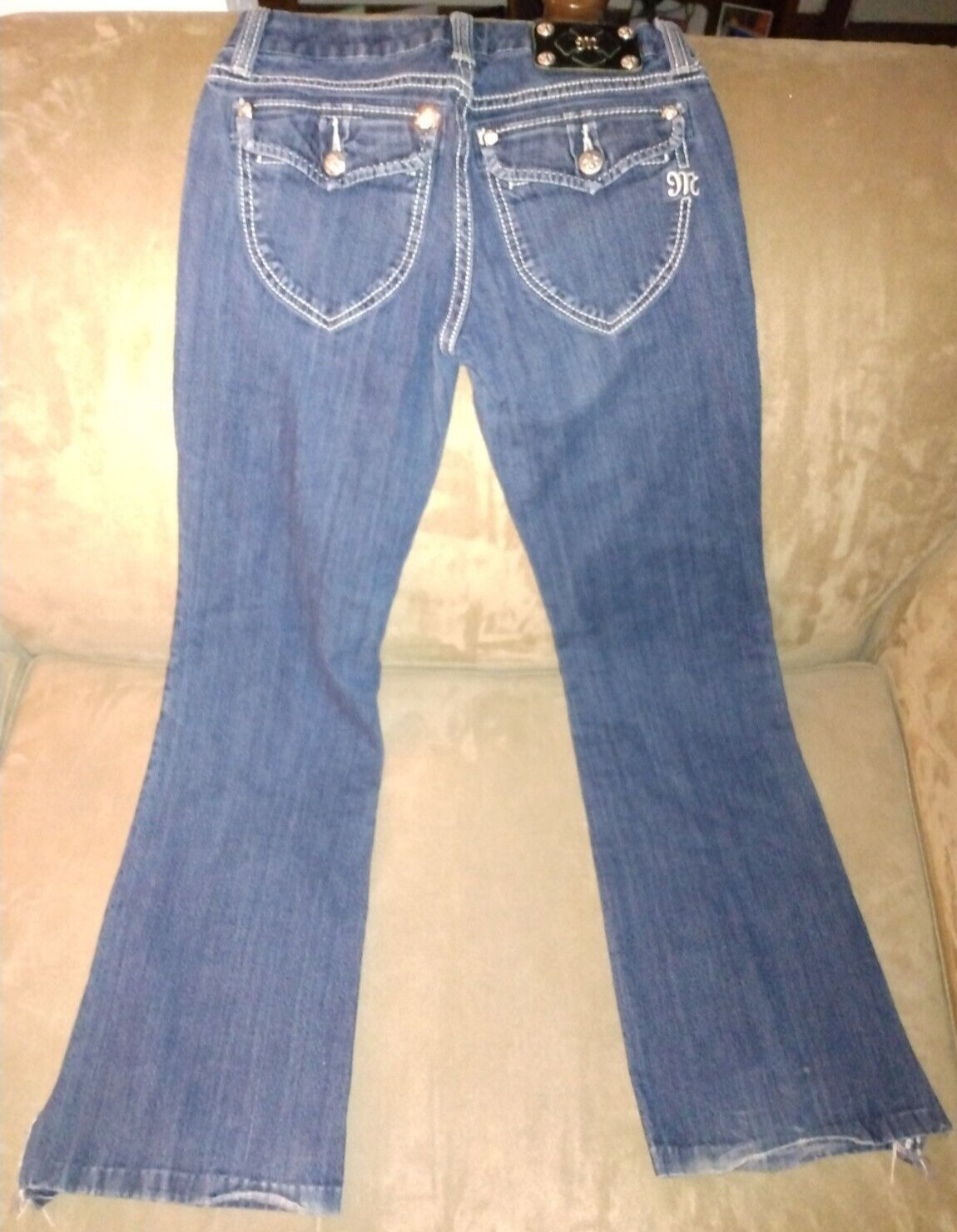 MISS Me 27 STUDDED RHINESTONE DENIM BLUE JEANS BOOT CUT? 29″ W MID RISE jr sz 11