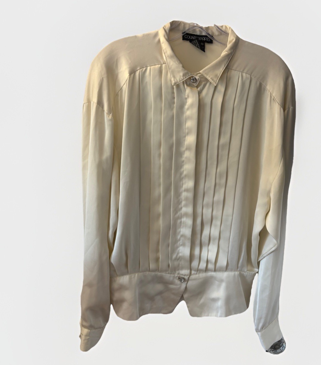VTG 80s Counterparts Blouse Sz 12 Cream Satin Pleated Secretary Cottagecore