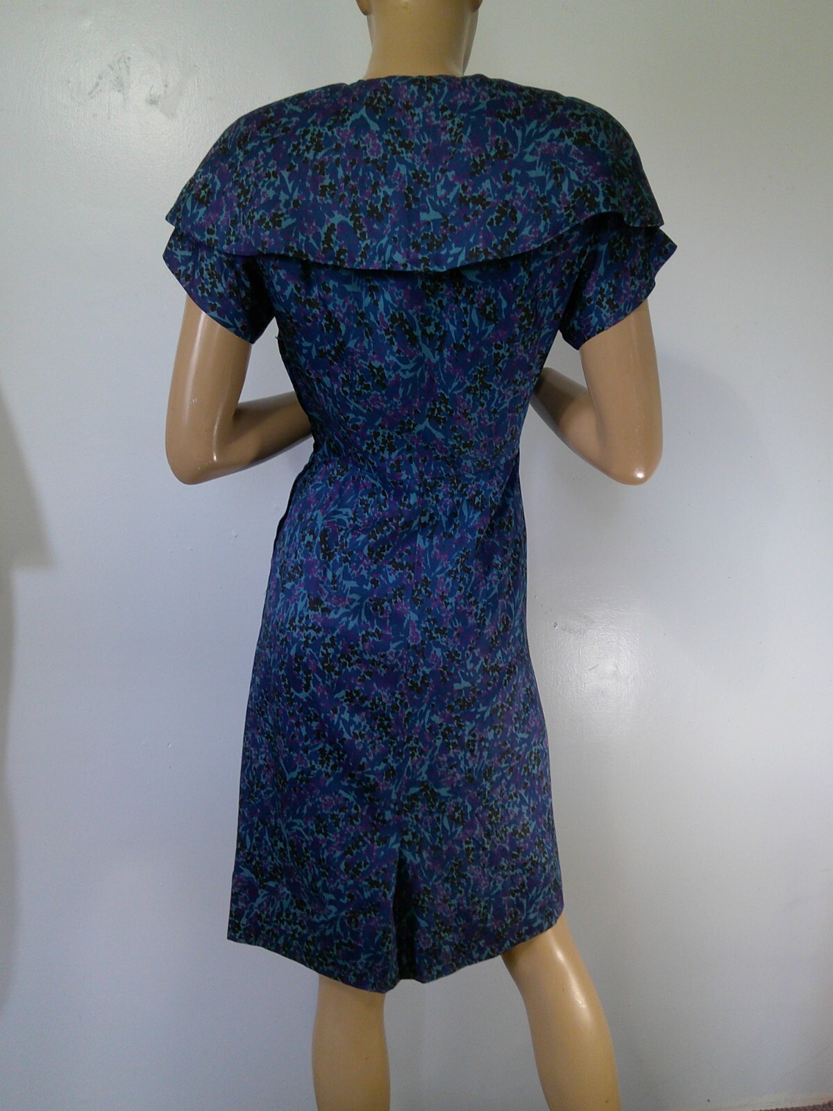 Vtg 50’s GLORIA SWANSON by Forever Young Blue Purple Print Wiggle Shift Dress M