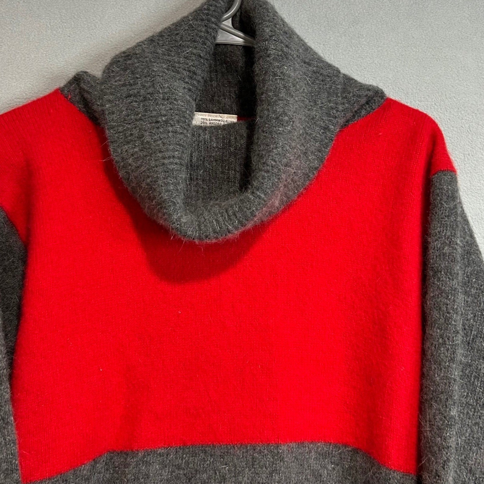 Vtg Lambswool Angora Tunic Sweater Women L Gray Red Colorblock Cowl Neck Fuzzy
