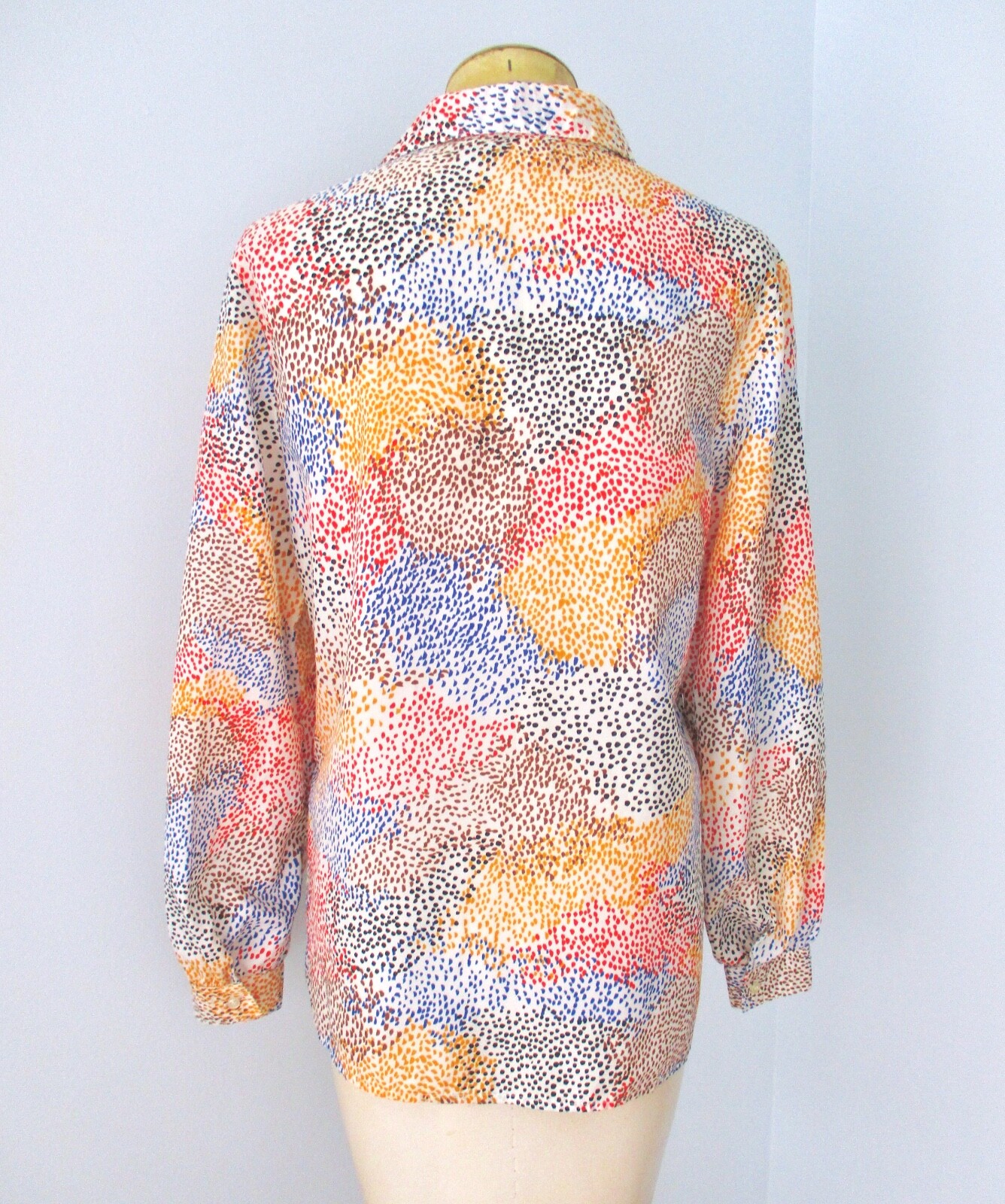 Vtg 70s Mod Colorful Spotted Op Art Silky Poly Button Blouse Secretary Top 16