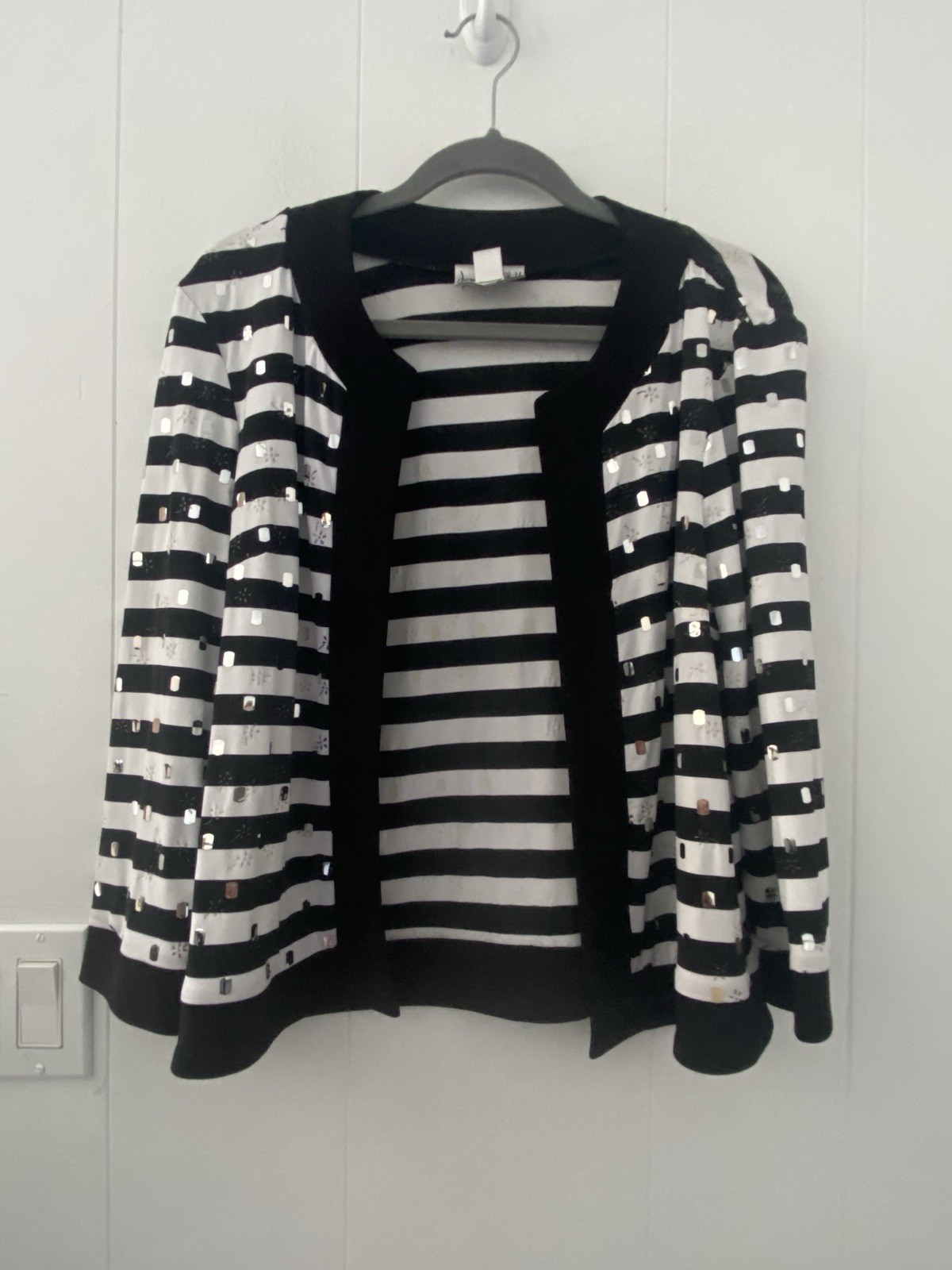 Vtg Joseph Ribkoff Striped Sequin Jacket Black White Mirror Accents Canada Sz 4