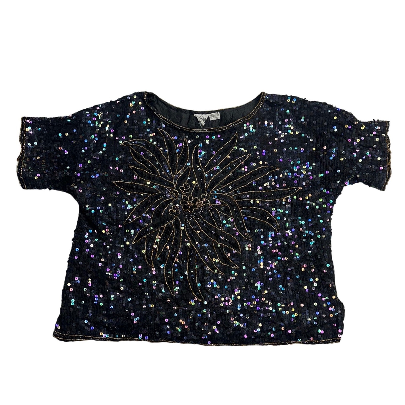 Cotton Castle Vintage Silk Sequin Beaded Top Black Iridescent Floral Sunburst XL