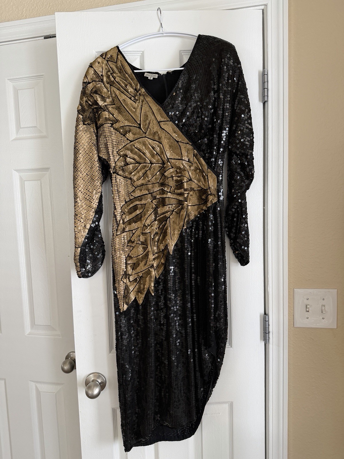 VTG Sequin Gown Dress 100% Silk 90s Black Gold Ruched V Neck Mob Wife Disco