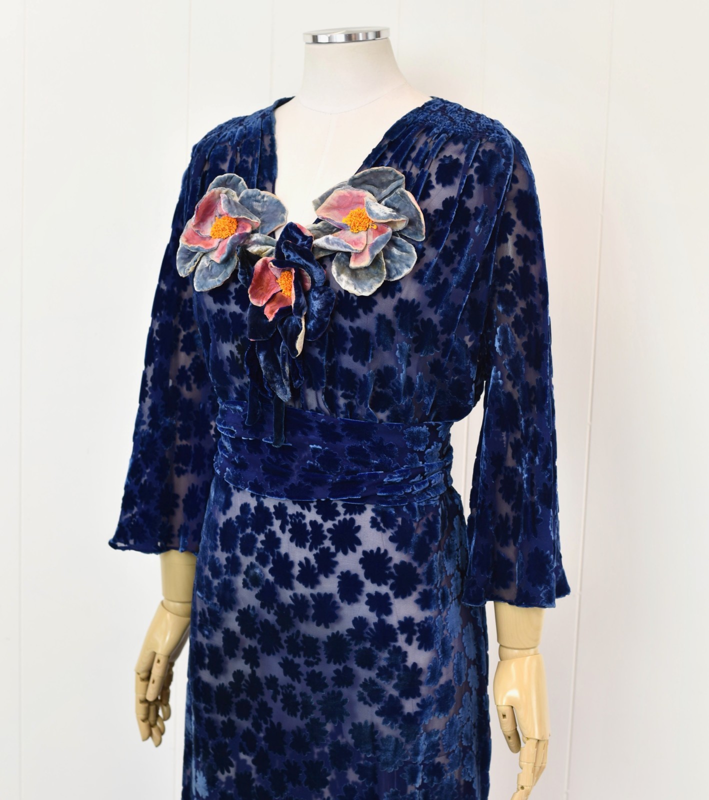 Antique 1930s Blue Devore Burnout Velvet Floral Art Deco Sheer Dress Larger Size