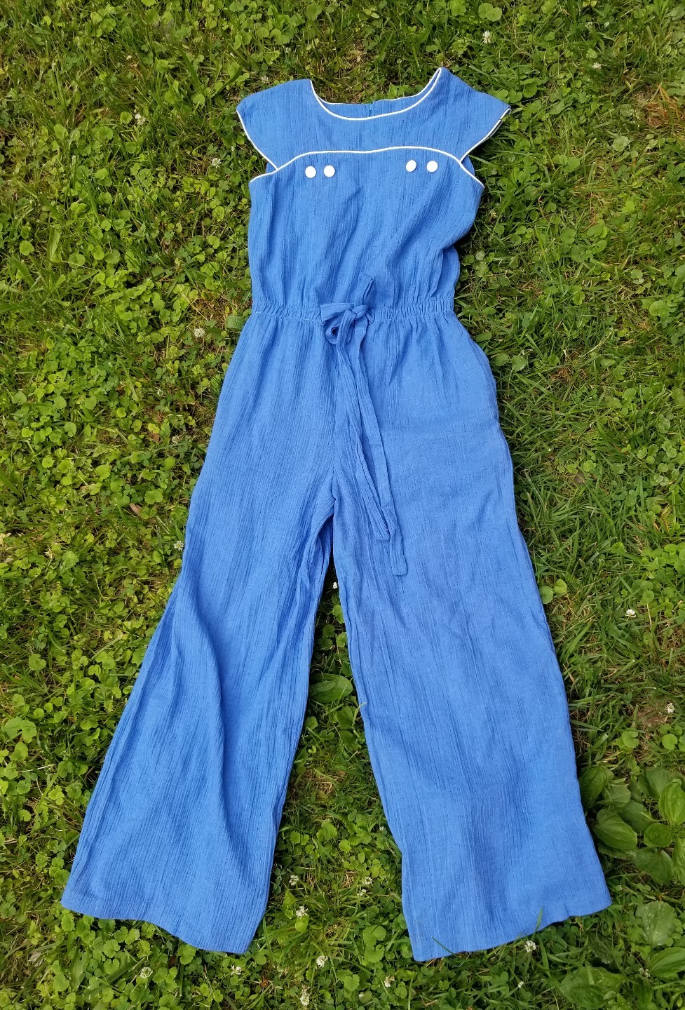 Vintage 1970s „Dutchess”Marine Baby blue wide leg romper jumpsuit nautical SM