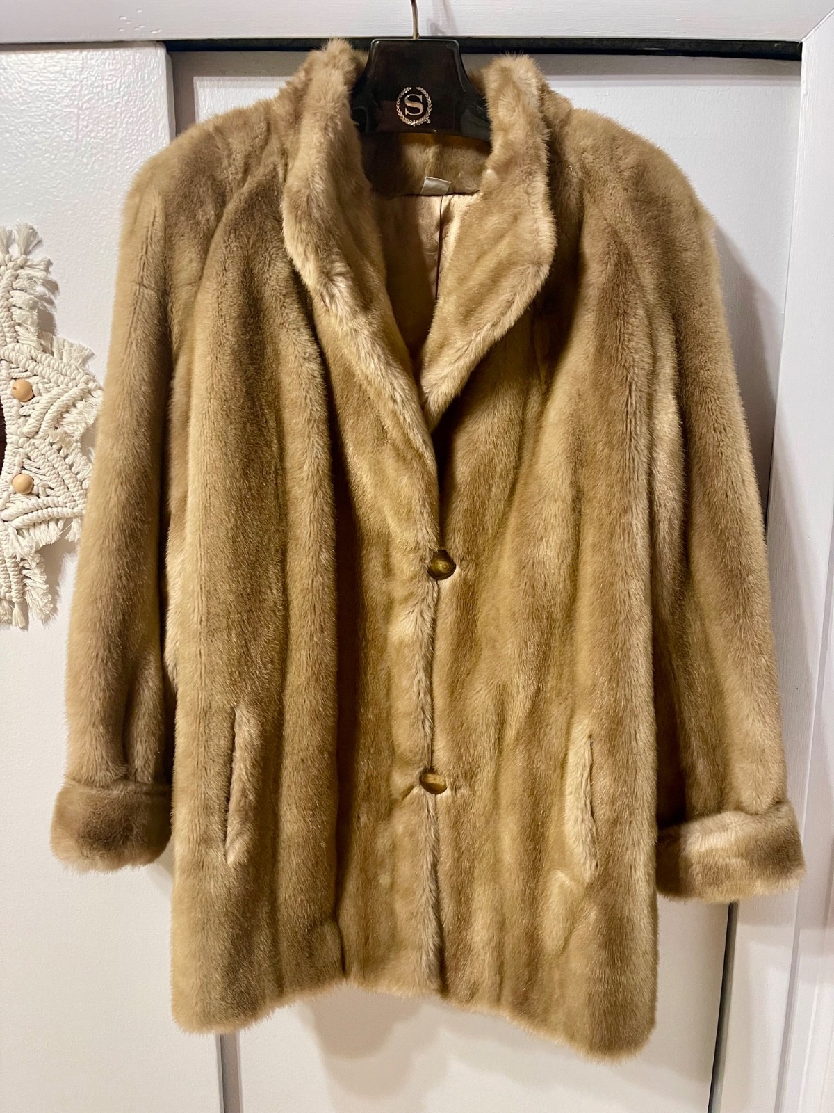 Vintage Hillmoor New York Faux Fur Collar Coat Jacket Light Brown Tan USA Made