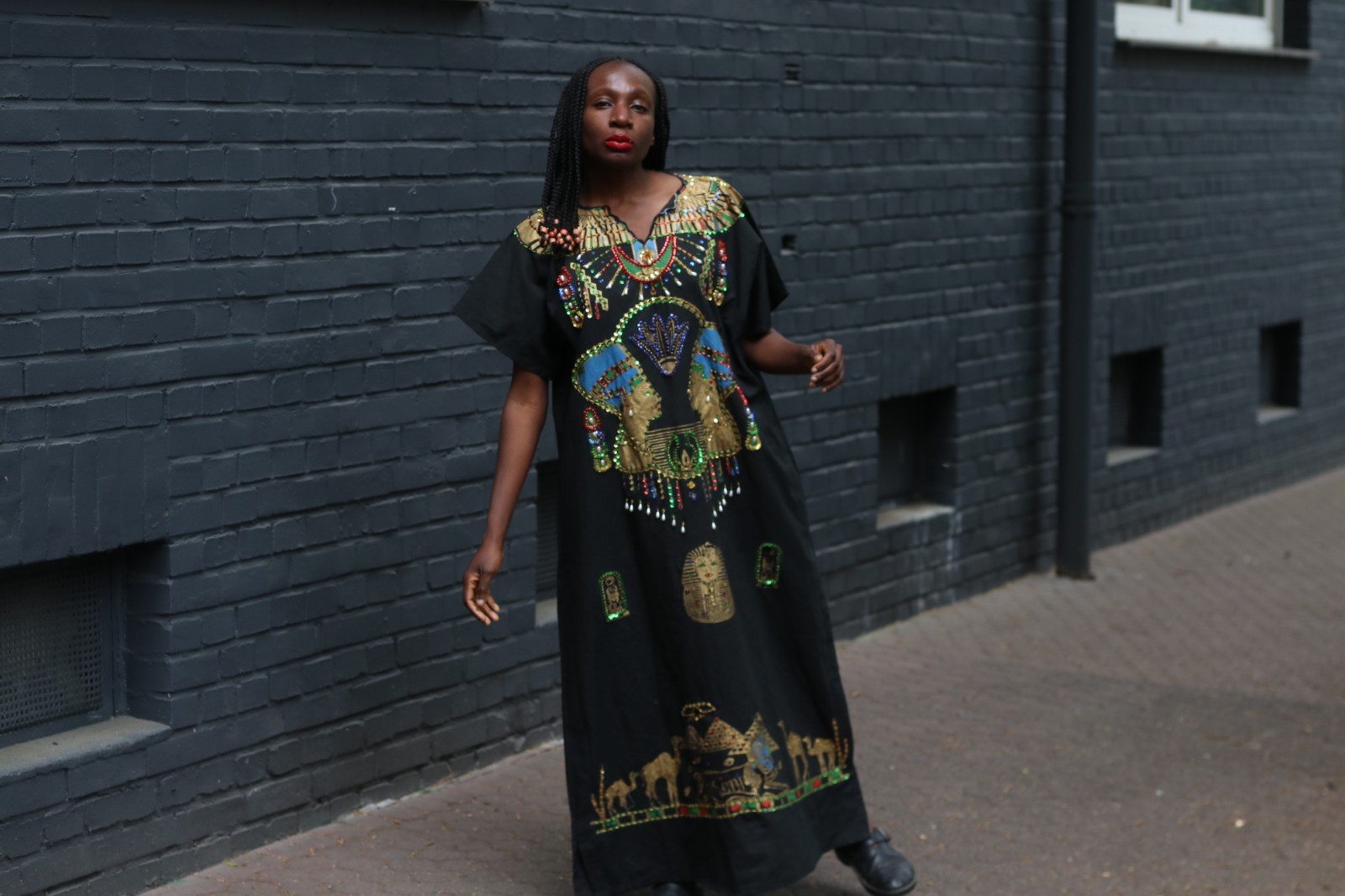 Vintage Egyptian Kaftan Black Gold Embroidered Maxi Dress 70s Boho Caftan