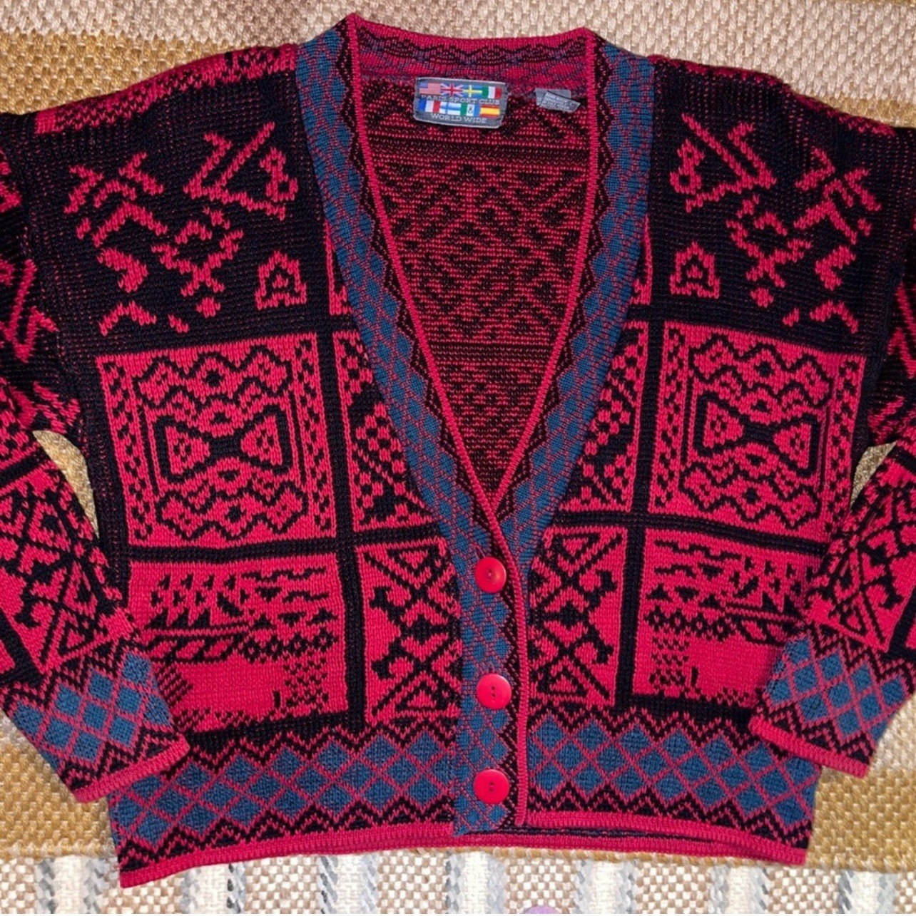 Vintage 90s Geometric Grandpa Sweater Cardigan Button Up Ramie Cotton Size M