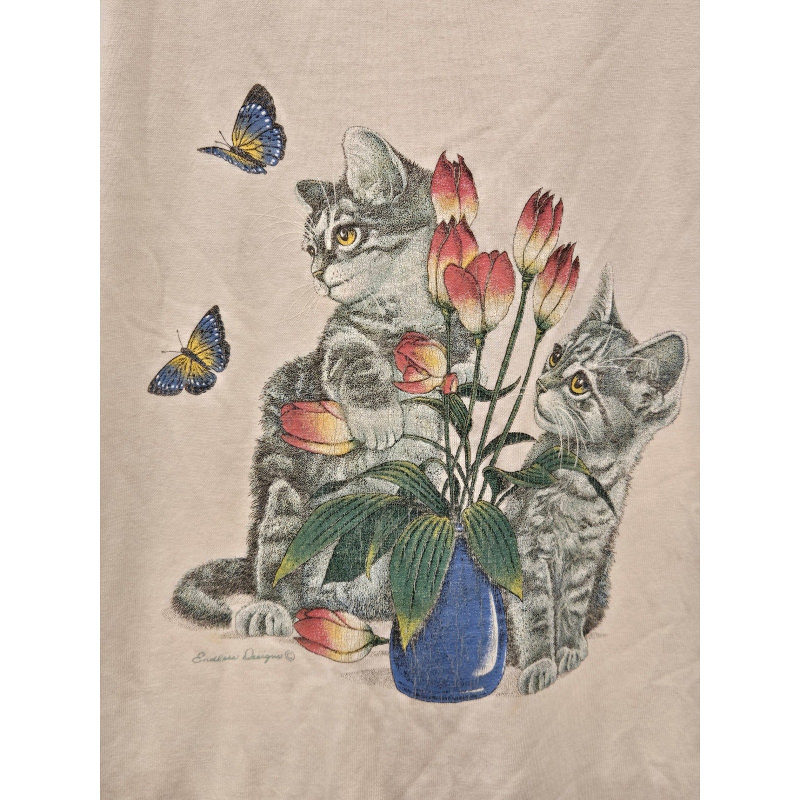Vintage Endless Designs Cat tee Womens 2X White Tulips Butterflies Made in USA