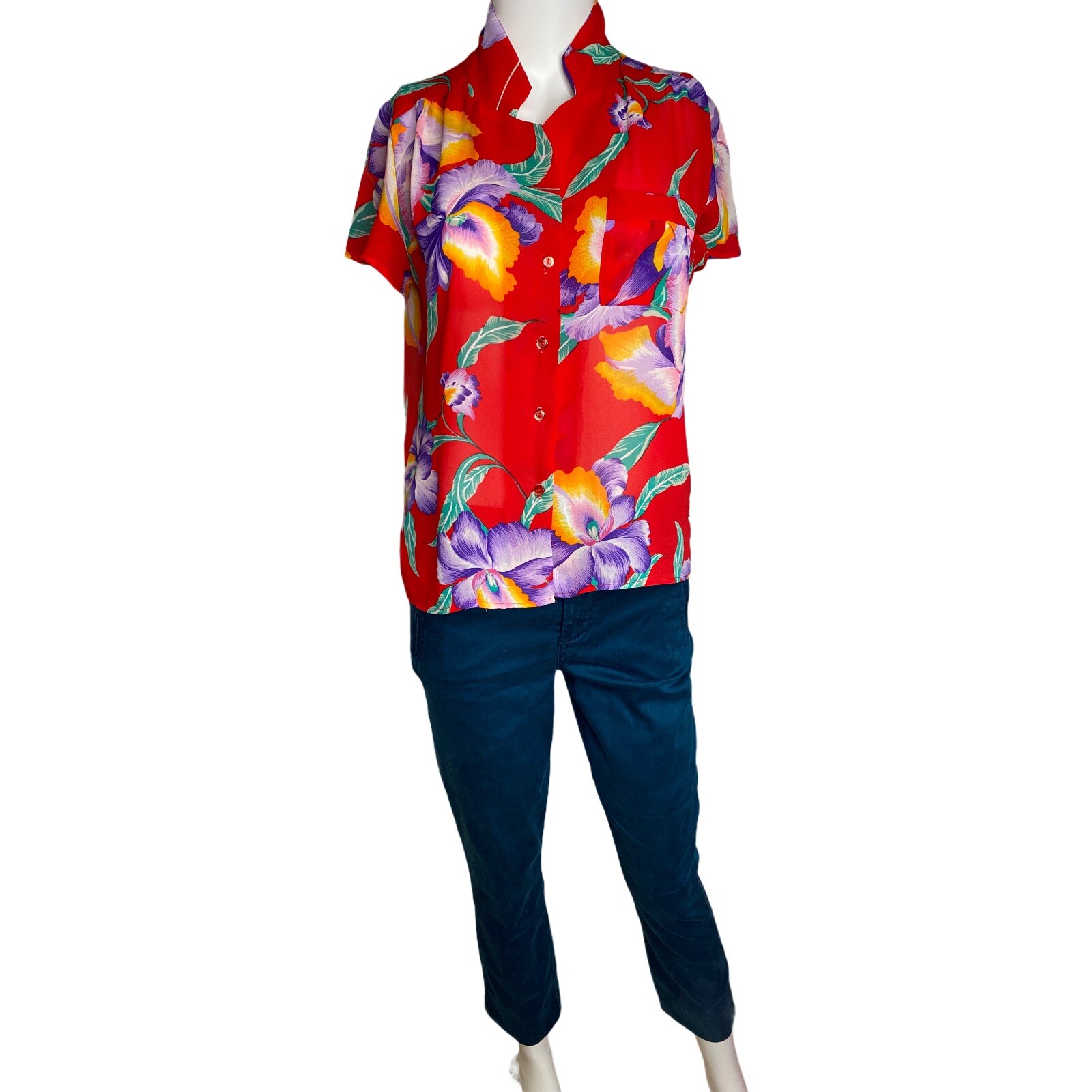 Vintage Colorful See Through women’s size Medium hawaiian Summer Floral Print