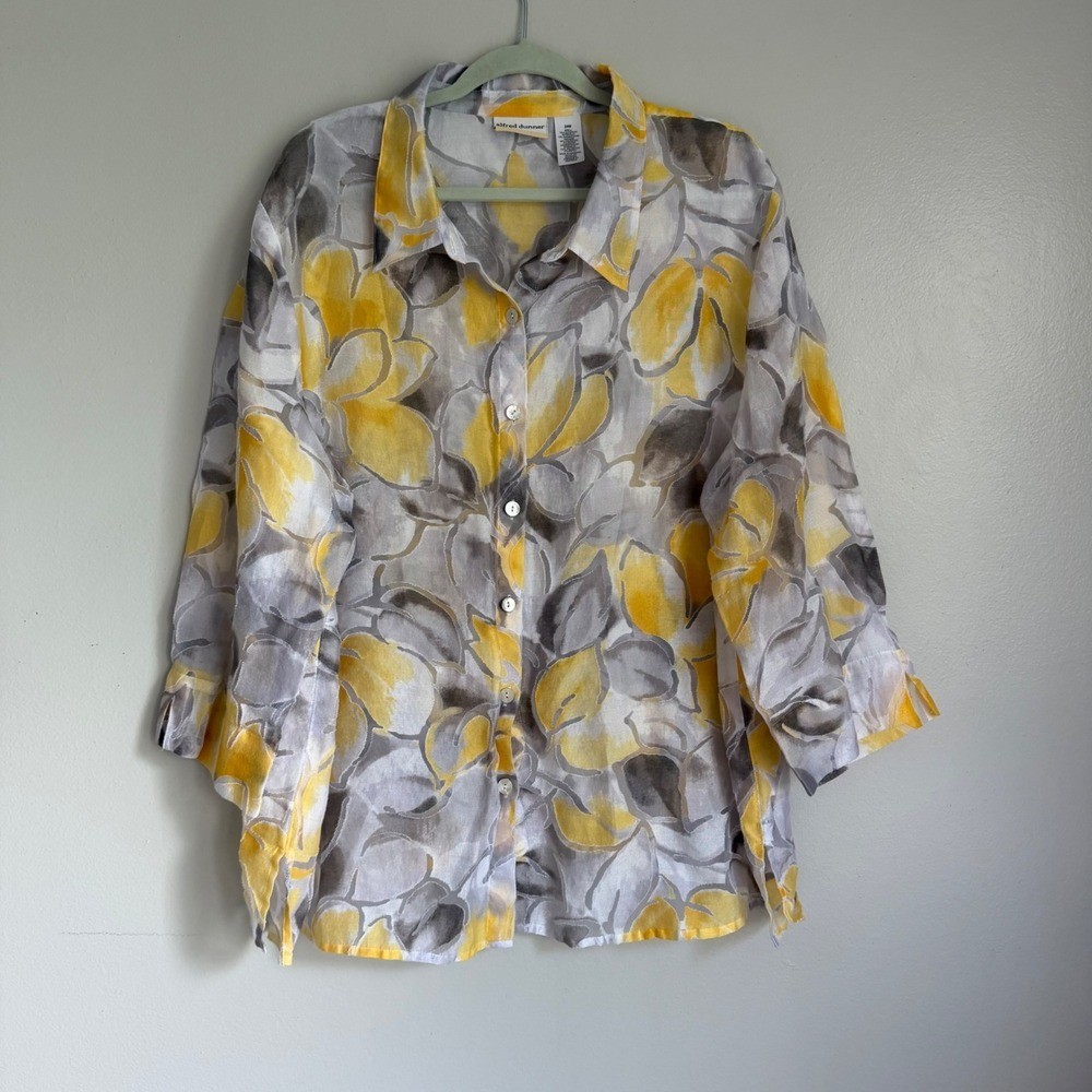 Vintage Yellow Grey Floral Burnout Sheer Button Up Blouse 24W 3/4 Sleeve