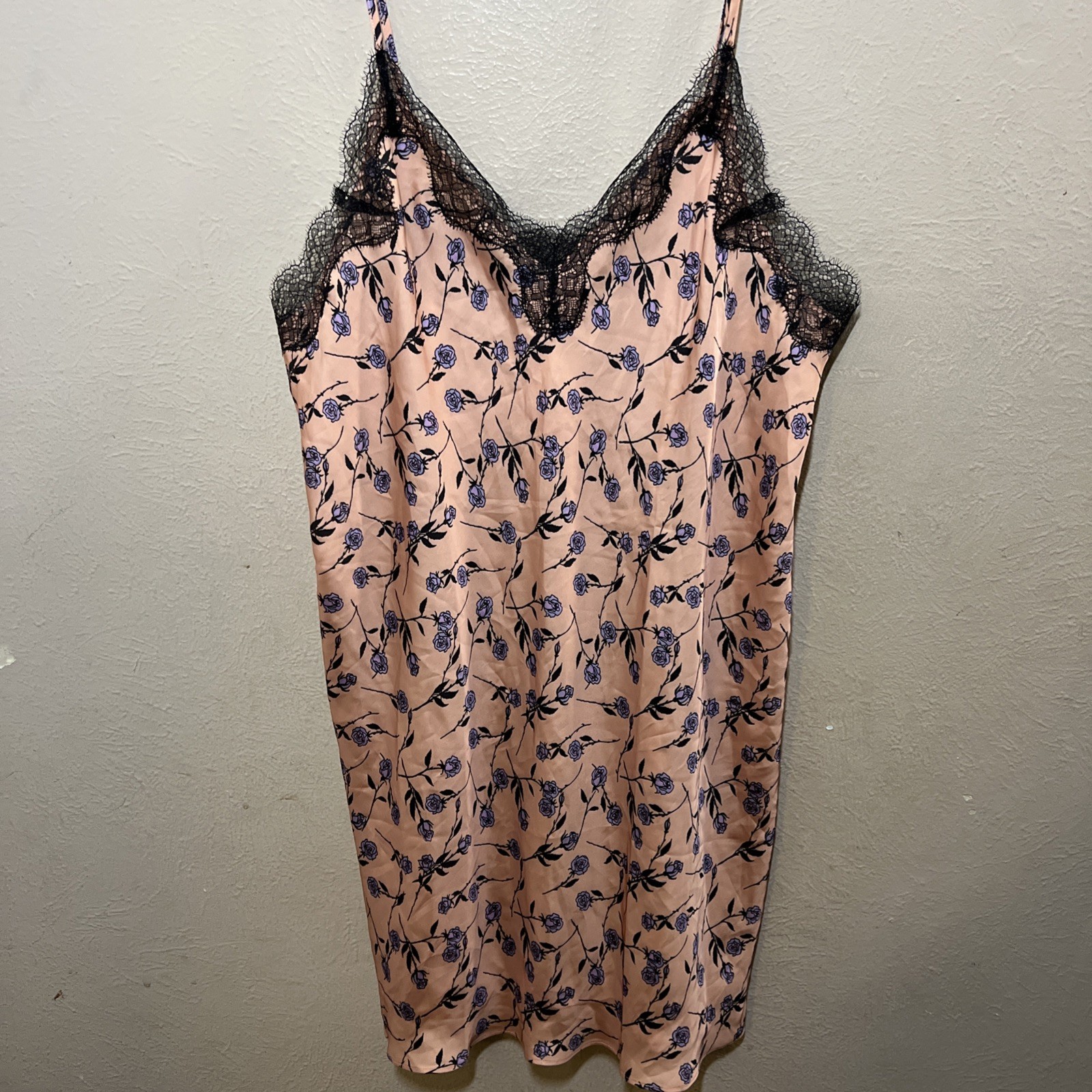 Victoria’s Secret Satin Slip Dress Chemise L Pink Purple Rose Black Lace Trim VS