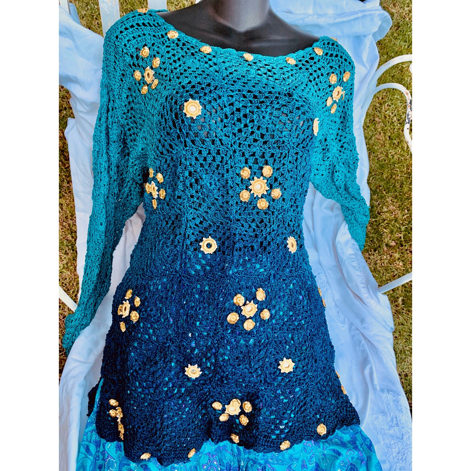 TIE DYE Dip Dye Ombre MIRRORED Crochet Embellished Boho Sweater w/Tiny Pearls