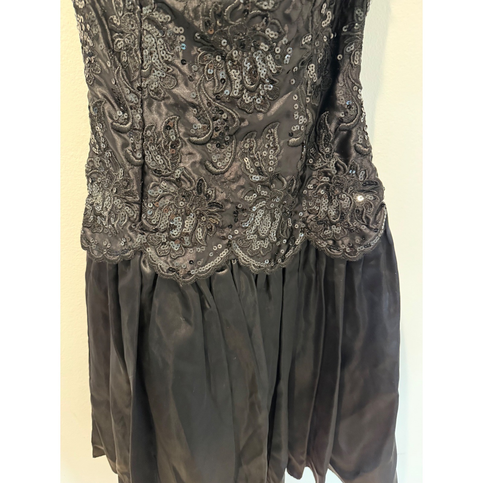 Vintage 80s Gunne Sax Jessica McClintock Black Sequin Lace Strapless Bow Dress