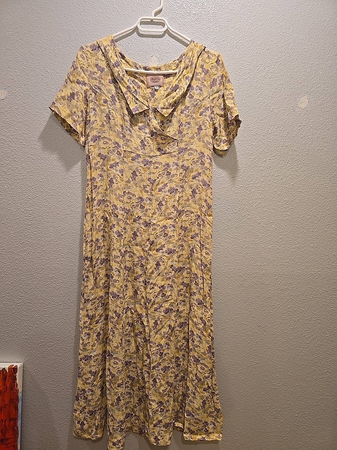 OLIVE Vtg 90s Floral Rayon Mid Length Dress w/ yellow Sz M Grunge Cottagecore