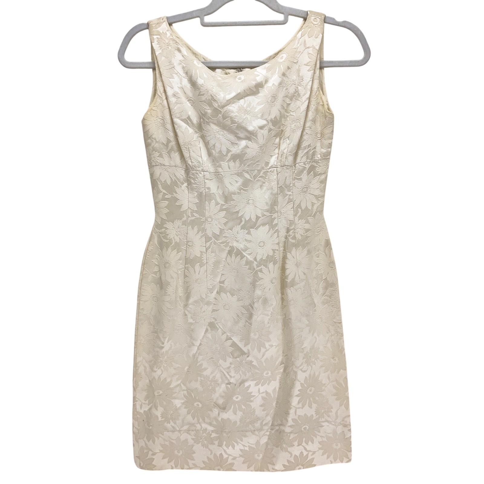 Vintage Cream Floral Brocade Shift Dress XS 1960s Sleeveless Metal Zip Cocktail
