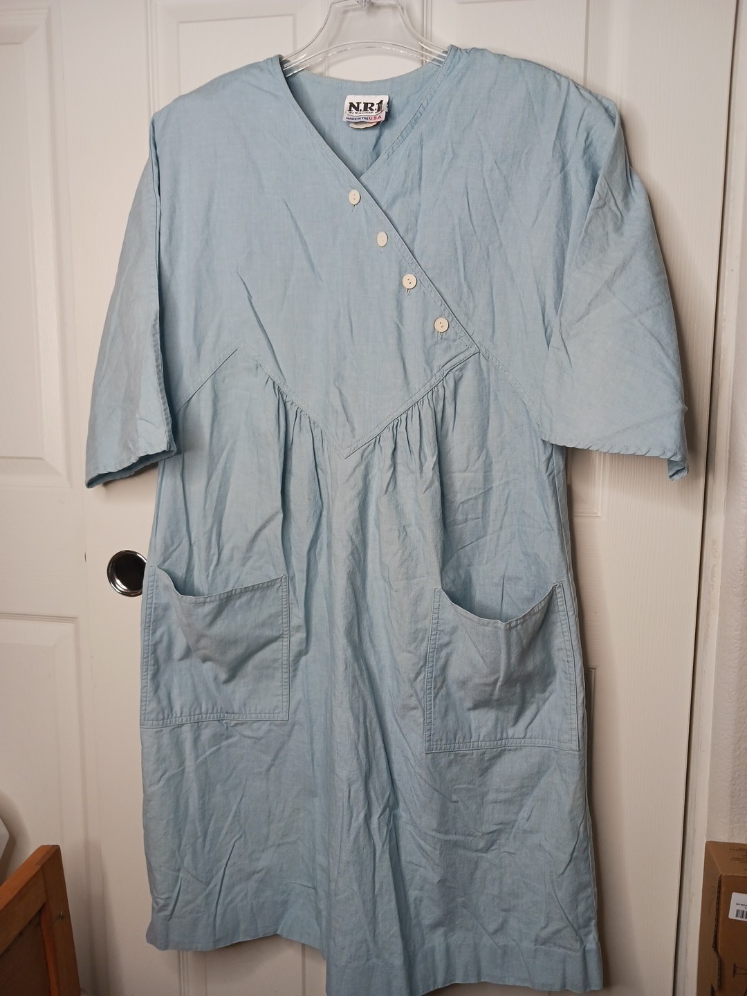Vtg. Ned Gould N.R. 1 USA Blue dress SIZE 14 Pockets Button Prairie Fairy Moo Mo