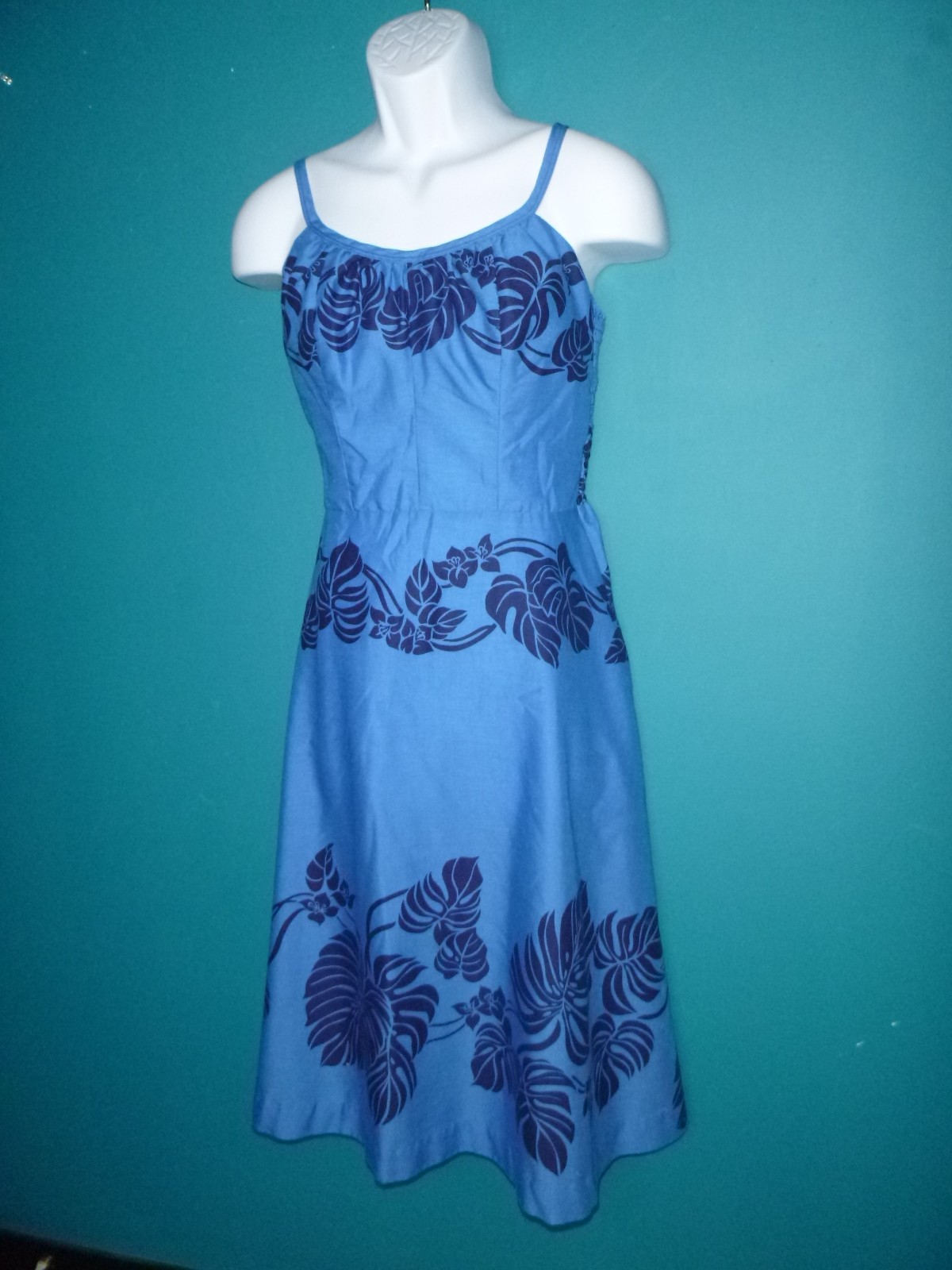 Vtg 70s Sand Pebble Hawaii Sundress 2 Tone Blue Tropical Foliage Sz S/M