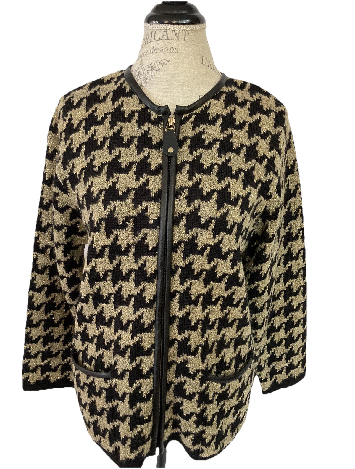 Vintage Rochelle California Women’s Sweater Jacket Zip Metallic Black Gold Sz PL