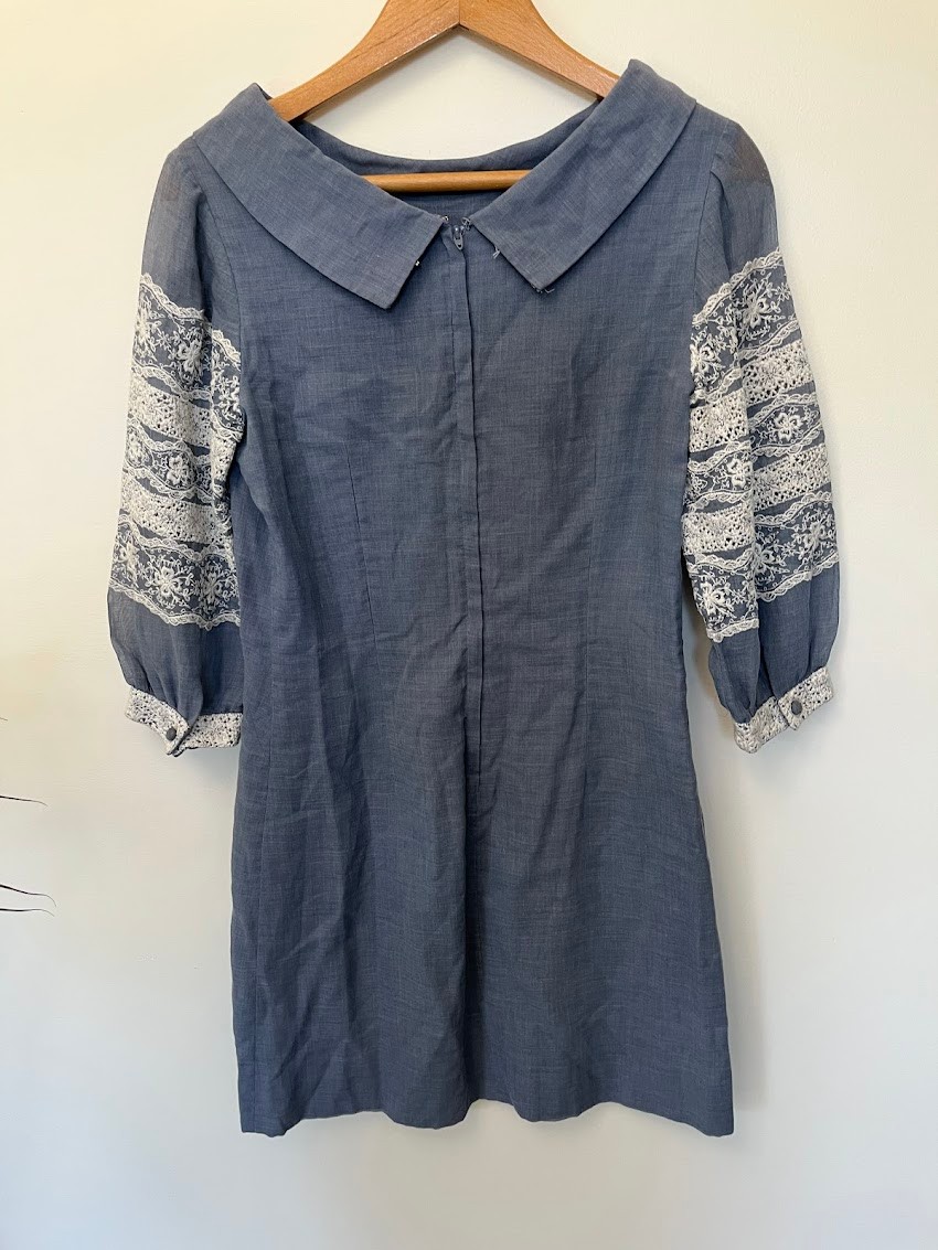 Vintage Jonathan Logan Blue Prairie Mini Dress Lace Boho Cottagecore XS/S