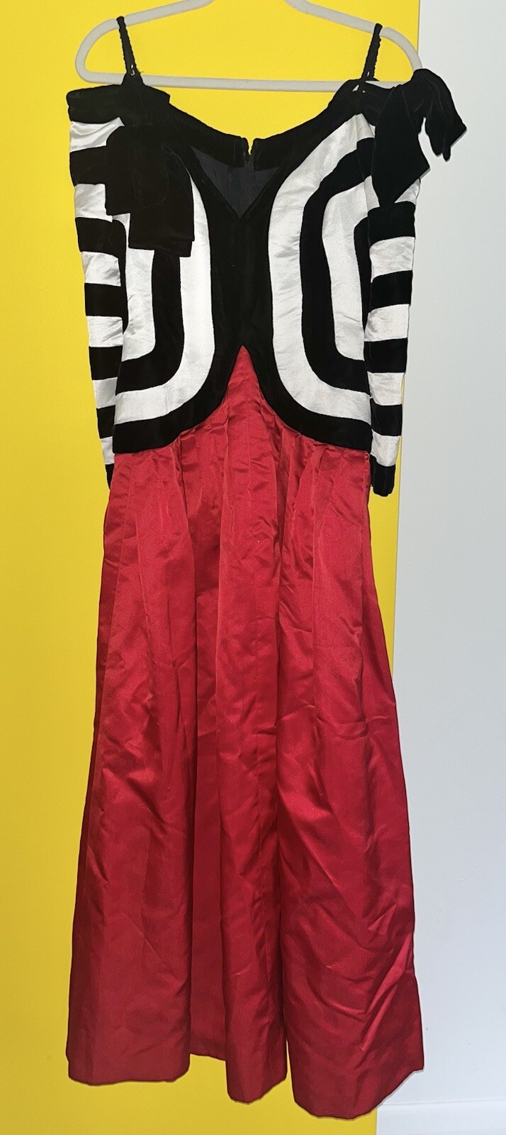 Vintage 1980s Fernando Pena Black White Red Dress Satin Velvet Bows Unique Rare