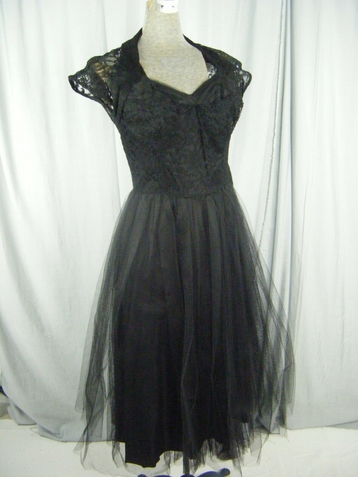 Vtg 50s Black Illusion Sheer Floral Lace/Tulle Net Party Dress-Bust 34/XS