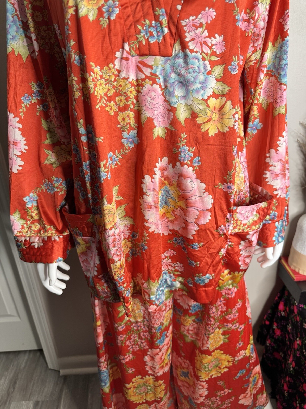 1960S Vintage Vanity, Fair Red Floral Pants, Pajamas Set Boho Chic Two Piece Set
