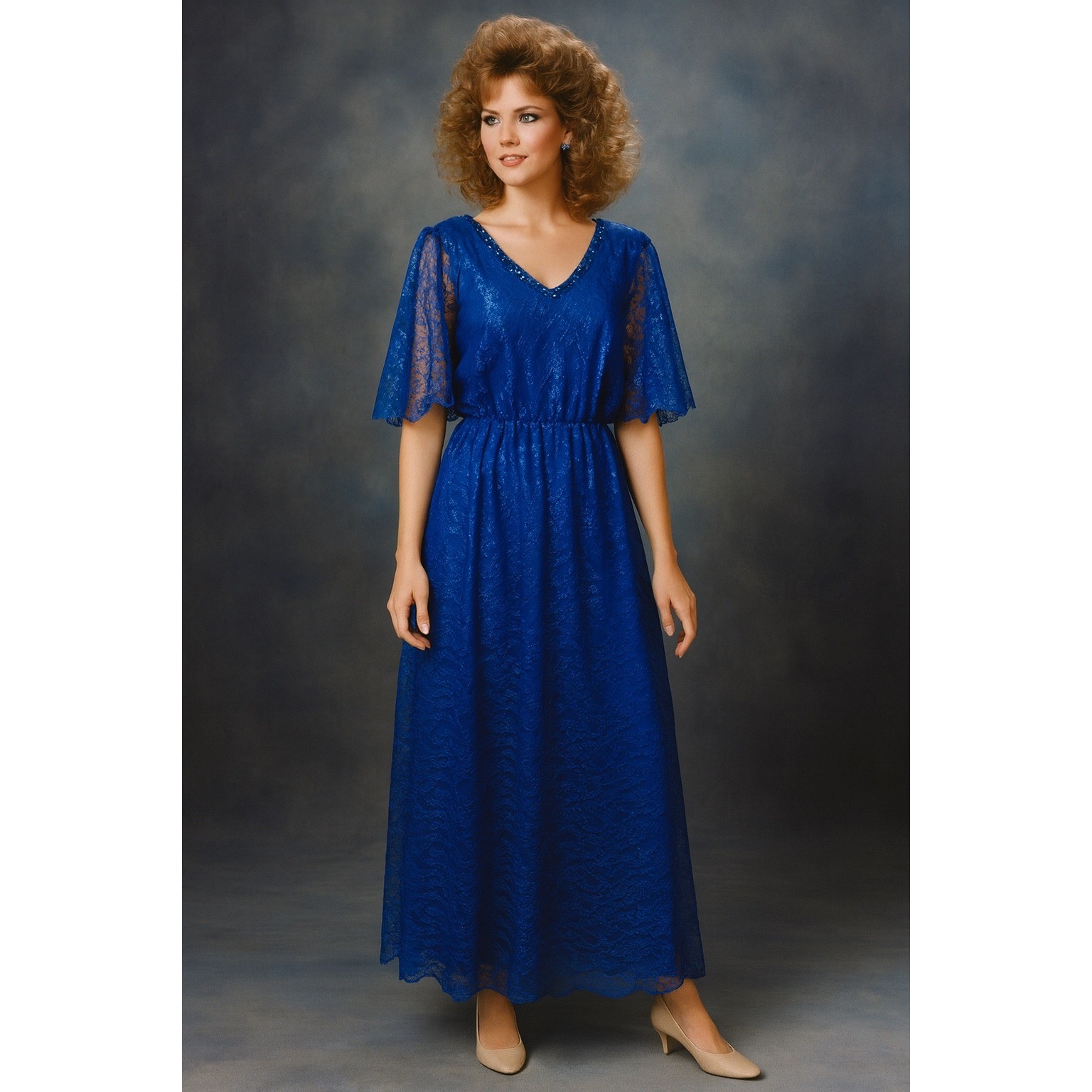 Mike Benet Formal Sequins Blue Lace Sheer V-Neck Evening Gown Dress Vtg 80s