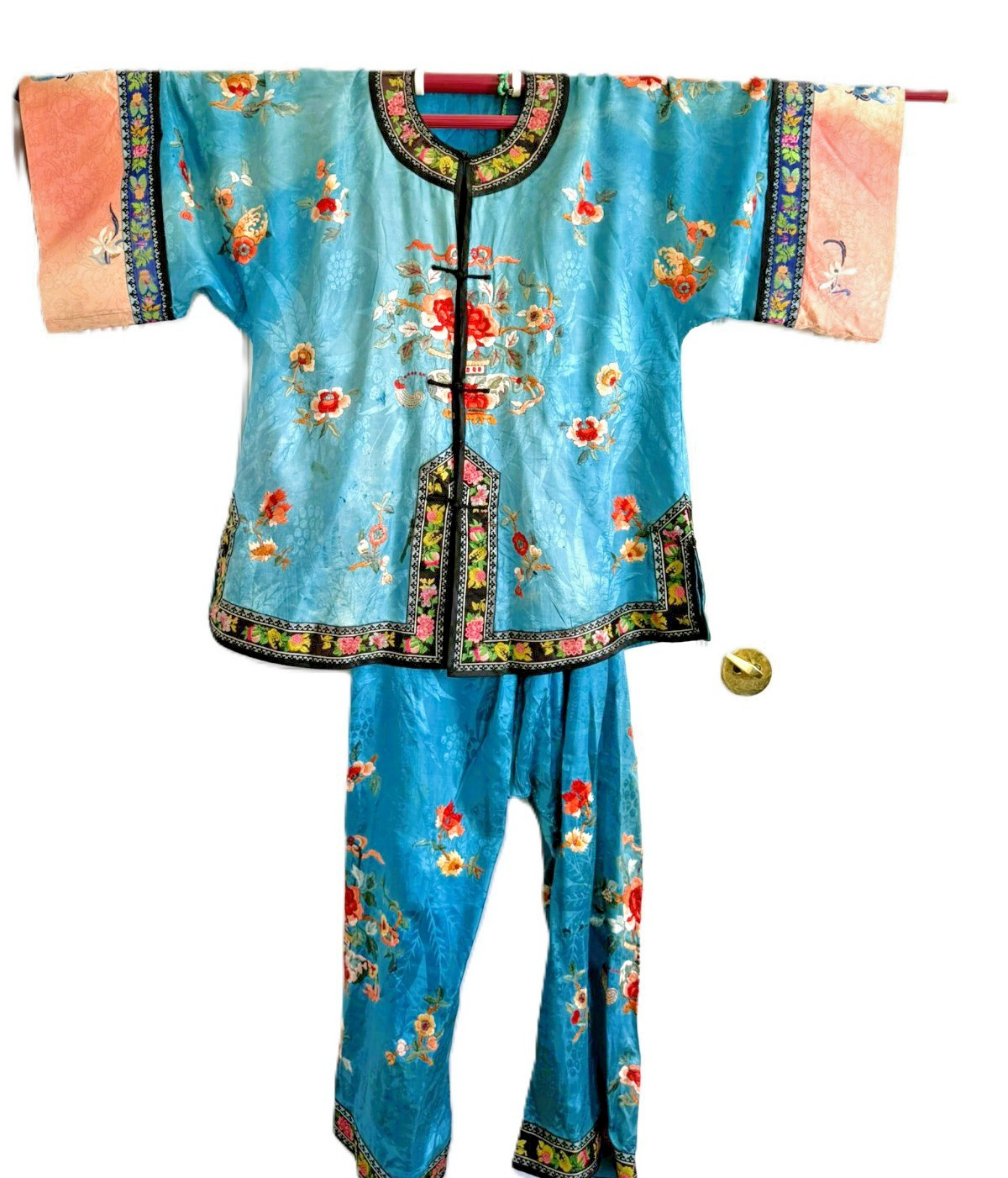1920s 2pc Chinese Silk Satin Embroidered Blue and Peach Floral Robe Pants Set