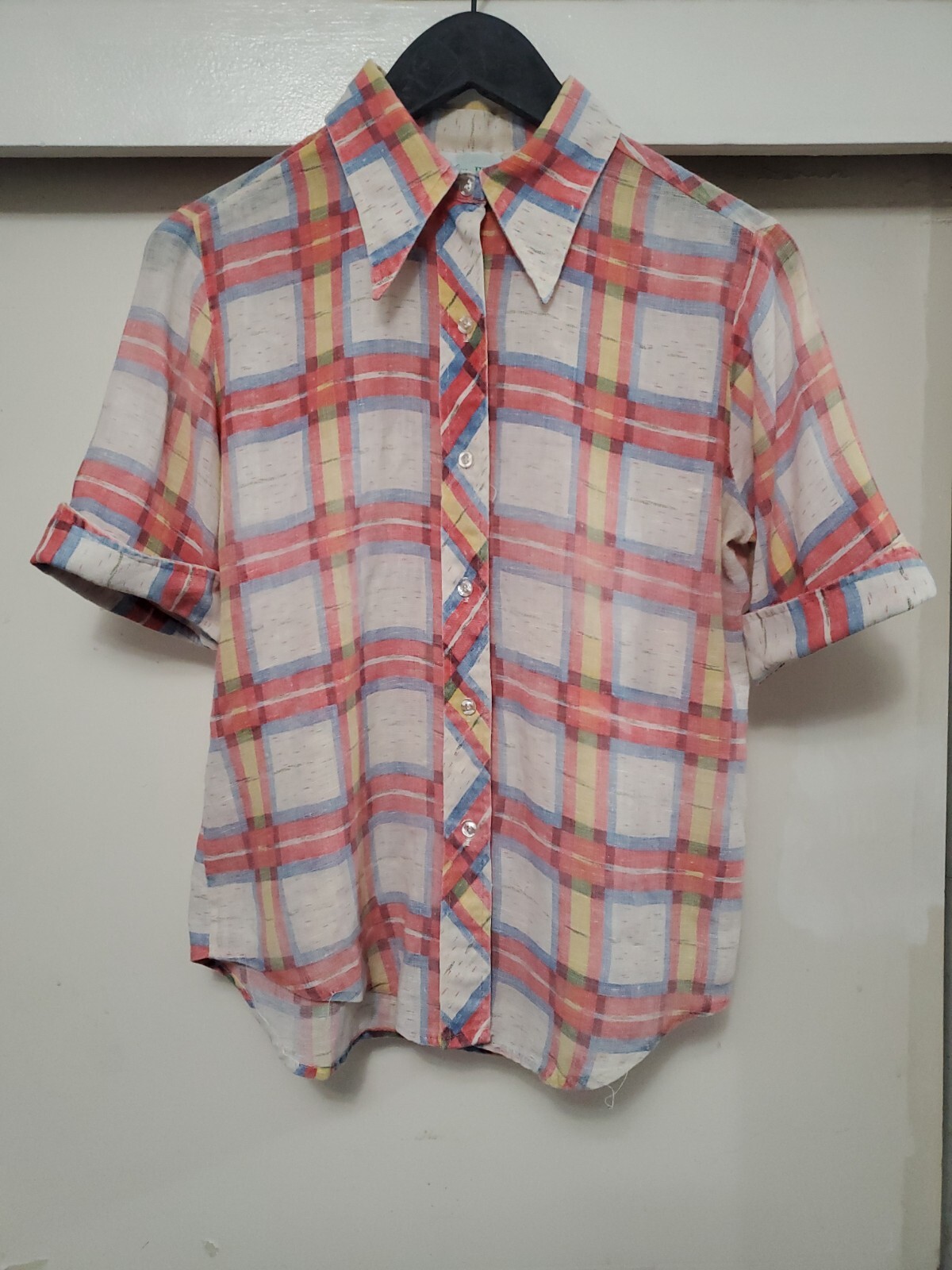 Vintage 70s Sears JR Bazaar Button-Up Cuff Sleeve Check Blouse/Top See Measures