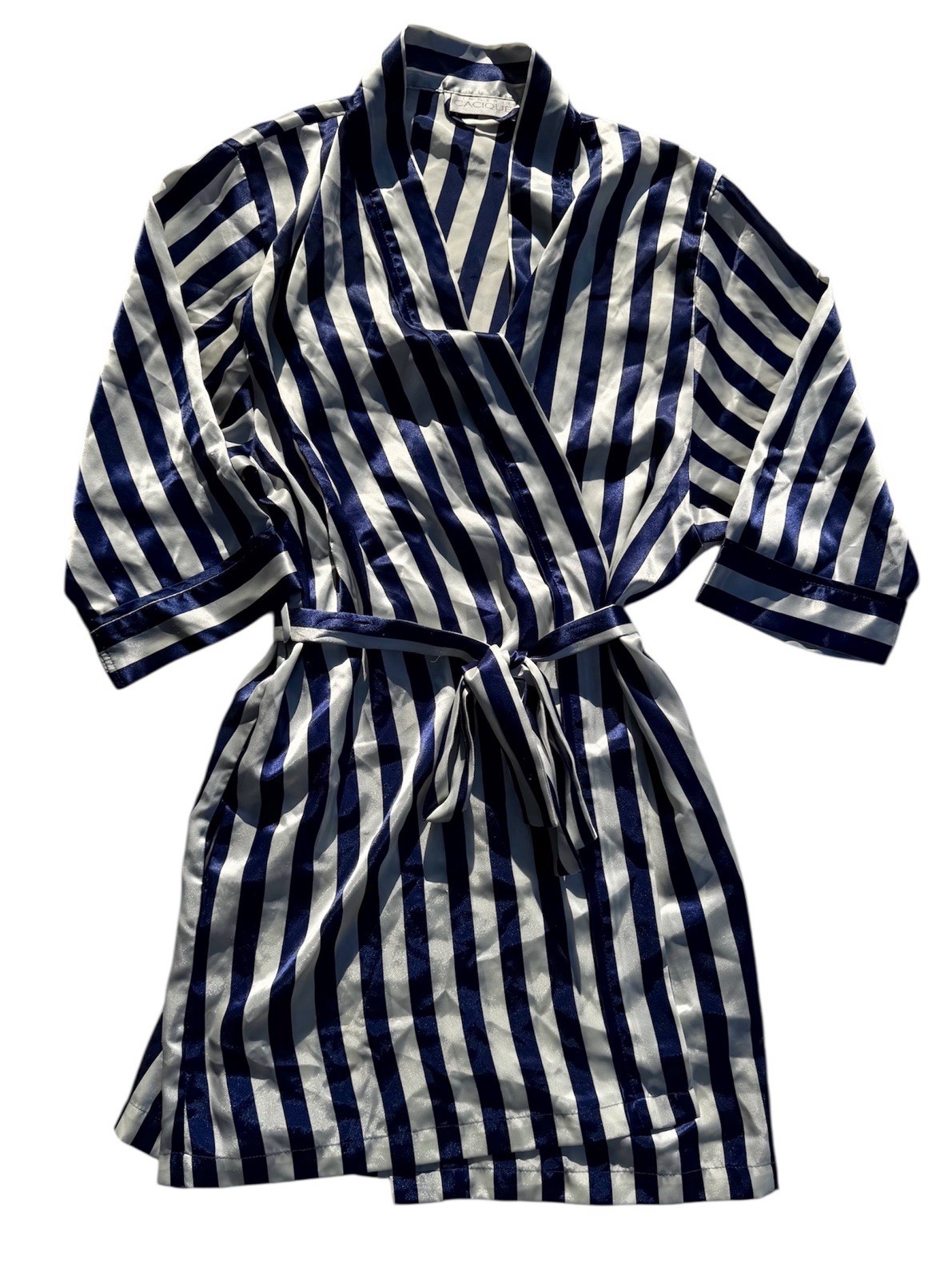 Vintage Lingerie Cacique Polyester Satin Robe Royal Blue And White Stripes Sz M