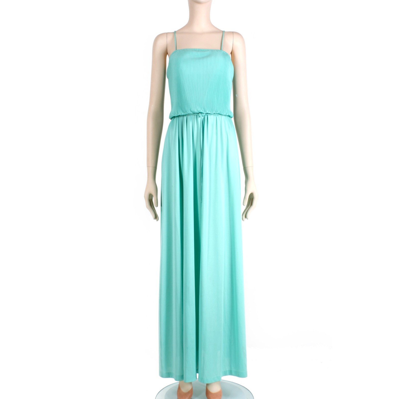 M Vintage 1970s Mint Green Aqua Silky Casual Sleeveless Maxi Dress 70s