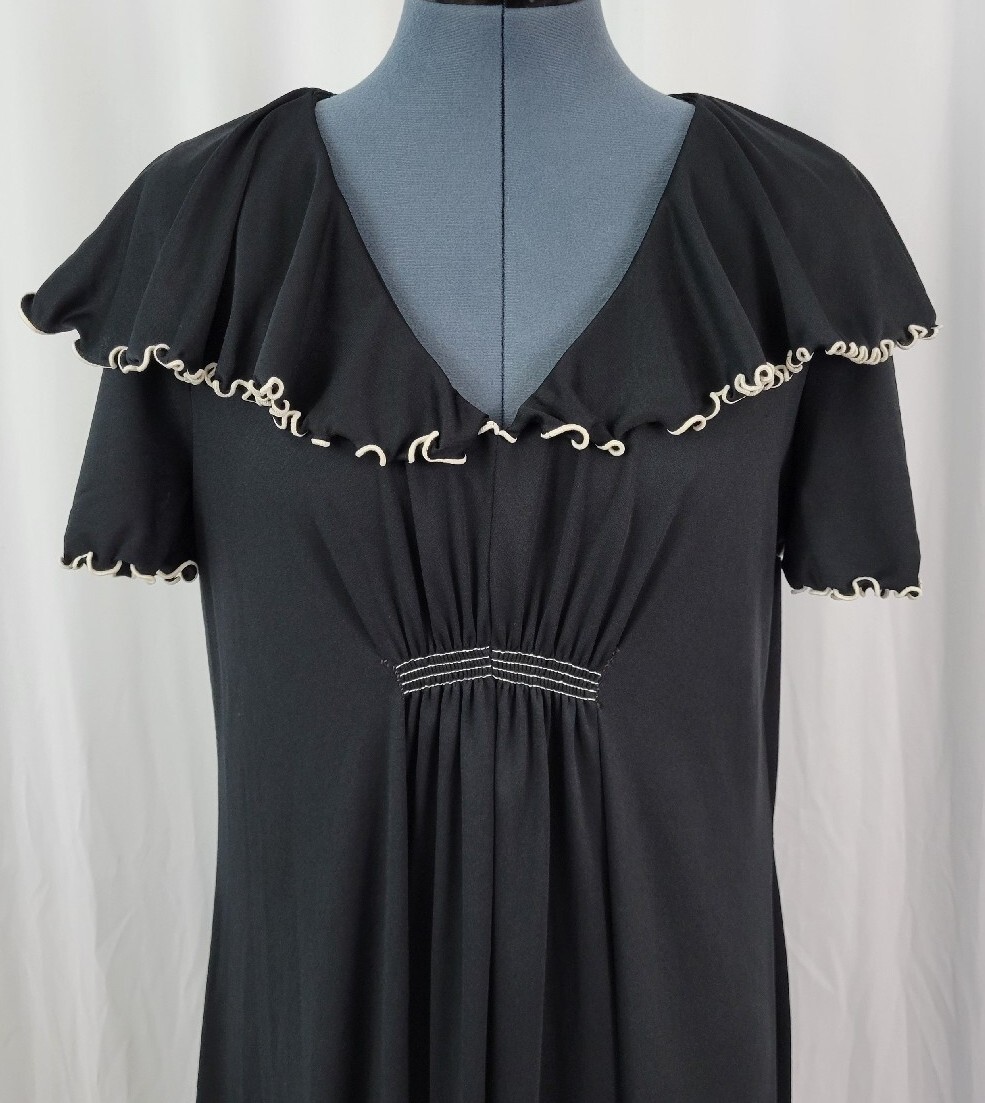 Vintage Black Dress w Shawl Collar Cream Piping Accent Size 14