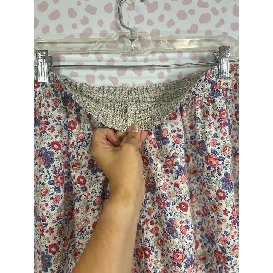 Picket and Post Vintage Floral Midi Skirt Red Blue Calico Elastic Waist Cottage
