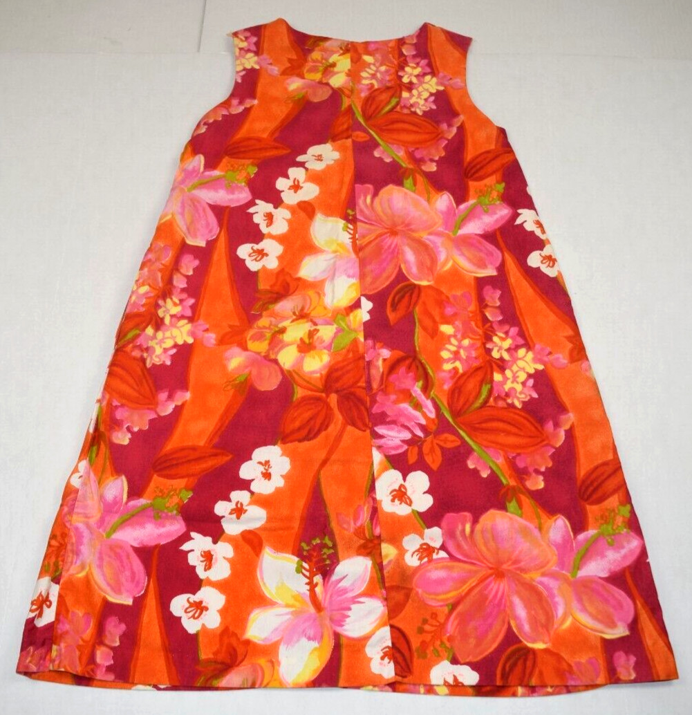 Vintage Sears Hawaiian Dress Size S/M 70s Sleeveless Orange White Yellow Floral
