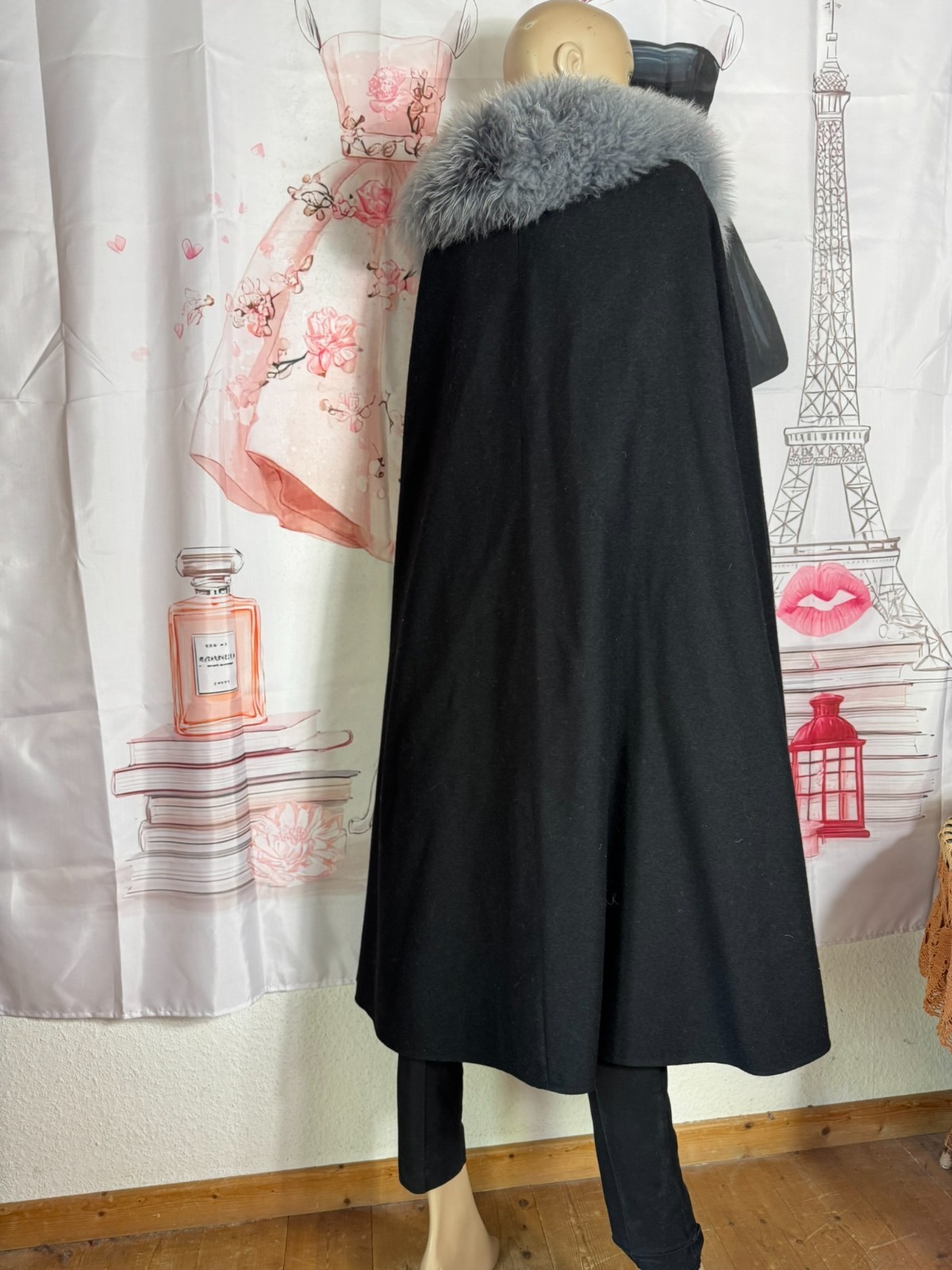 ✨ Vintage Couture Cape 60s Black Wool Cape Real Fur Collar Old Money XL